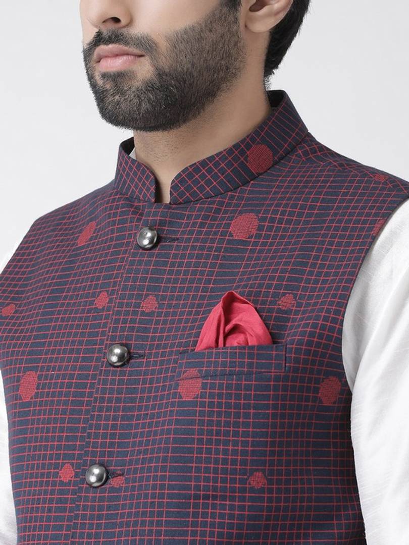 Men's Navy Blue 
Cotton Blend
 Printed Nehru Jackets